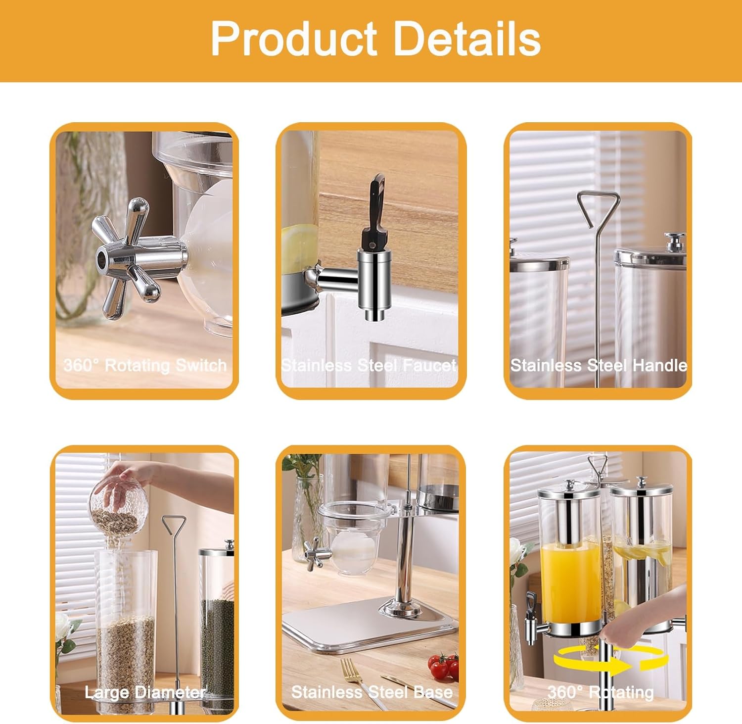 Cereal Dispenser, 360° Rotating Beverage Dispenser 10.5L Multi-function Large Capacity Stainless Steel Three-head Dry Food Dispenser For Pantry Hotel Cafeteria