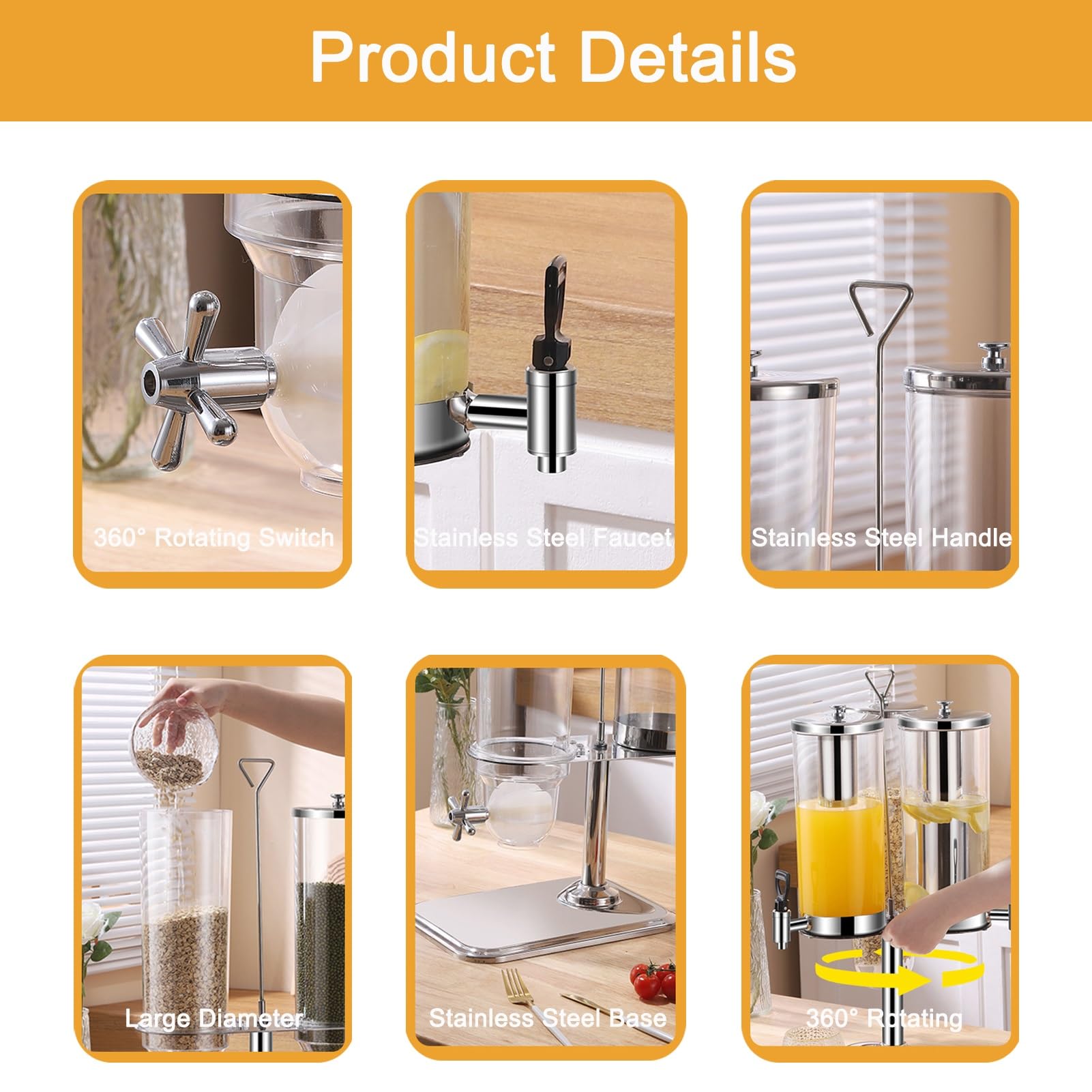 Dispensador de cereales y bebidas de gran capacidad, dispensador giratorio de alimentos secos y jugos de acero inoxidable para té helado, cerveza