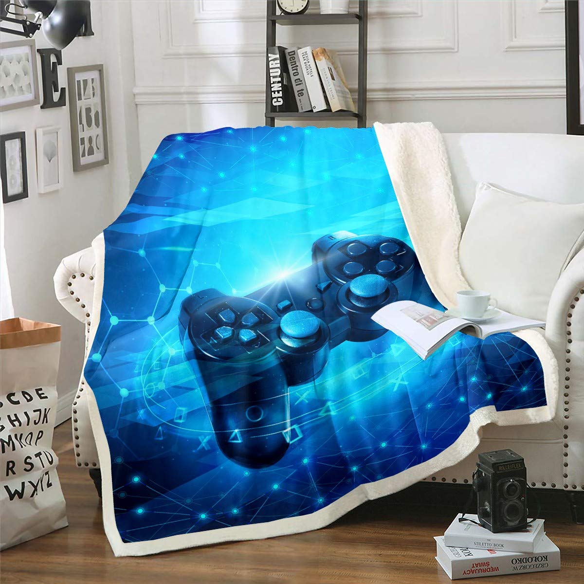 Couverture Contrôleur de Jeu Vidéo Polaire Sherpa Bleu Canapé