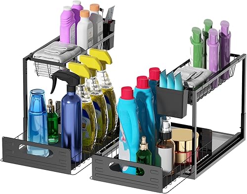 Miniatura 1 de Paquete de 2 organizadores para debajo del fregadero, organizador de metal extraíble debajo del fregadero, organizador de 2 niveles debajo del