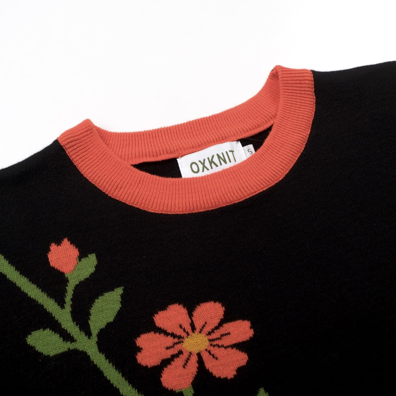 OXKNIT Camisetas Mujer Clásica Negra Camiseta de Punto con Estampado Floral Naranja Jacquard Verano Algodón Casual Top