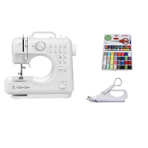 Michley Desktop Sewing Machine LSS-505+ Combo with sewing kit and electric scissors, 12 built-in stitch patterns, 10.8-inches by 4.8-inches by 10.2-inches, White