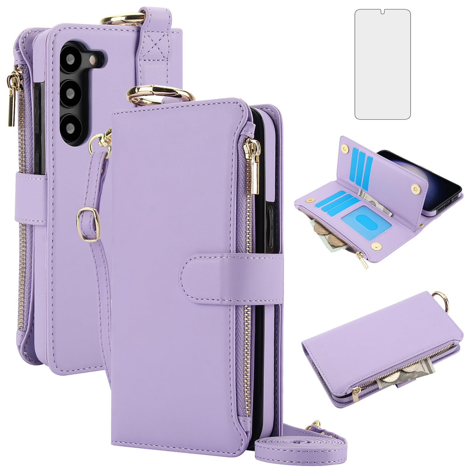 Asuwish Phone Case for Samsung Galaxy S23 5G Zipper Wallet with Tempered Glass Screen Protector Crossbody Strap Card Holder Flip Cell Cover S 23 23S