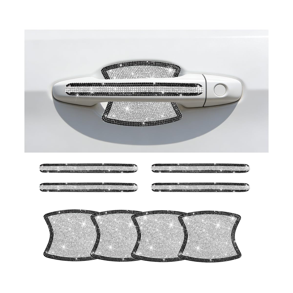 8PCS Bling Car Door Handle Protector, Crystal Rhinestone Vehicle Door Bowl Scratch Cover Sticker, Glitter Automotive Exterior Decor Accessories, Universal for SUV Sedan Truck (Black/White)
