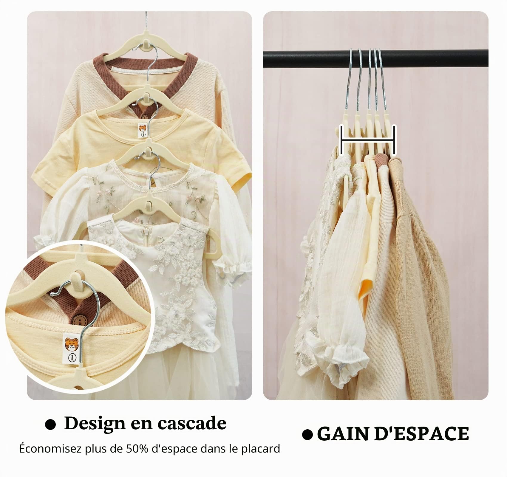HOUISM – Lot de 30 cintres en velours pour bébés avec 20 pinces, design en cascade, ultra fins, économise l’espace, pour l'organisation du placard de chambre d'enfant