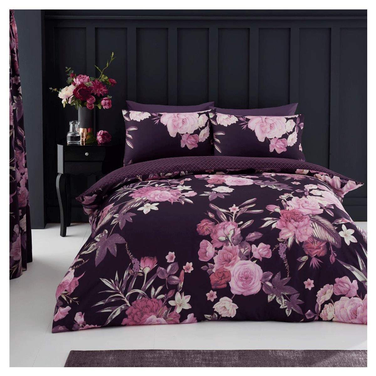 FAIRWAYUK Floral Bedding - Double Bed Duvet Cover Set with Matching Pillowcase. 3 Piece Soft Printed Reversible Quilt Covers, Poly Cotton, Button Closure, Purple 200x200cm