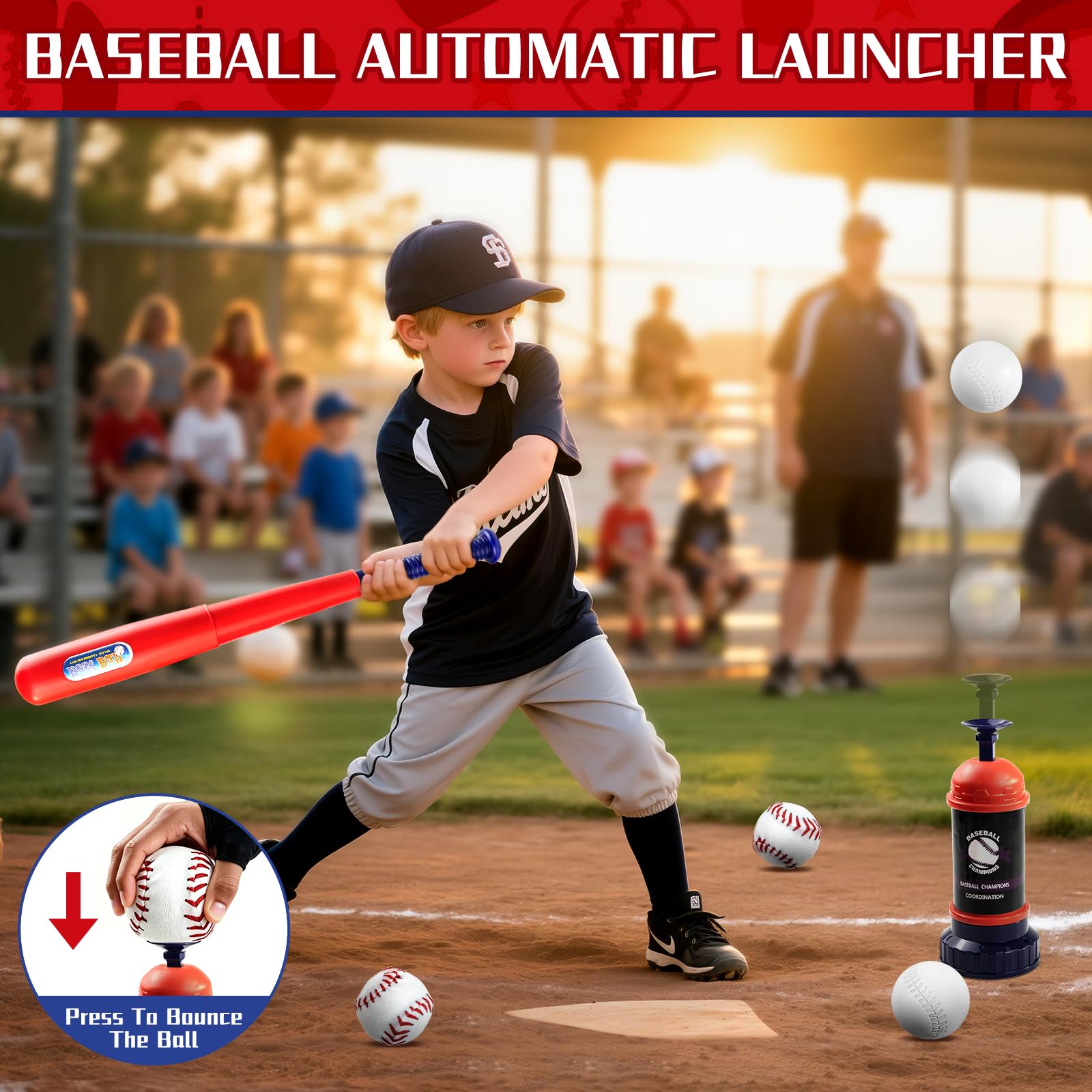 Juego de béisbol 3 en 1 para niños de 3 a 5, altura ajustable para colgar, juego de béisbol con raquetas, soporte para golpear pelotas en T, lanzador de pelotas, juguetes deportivos para
