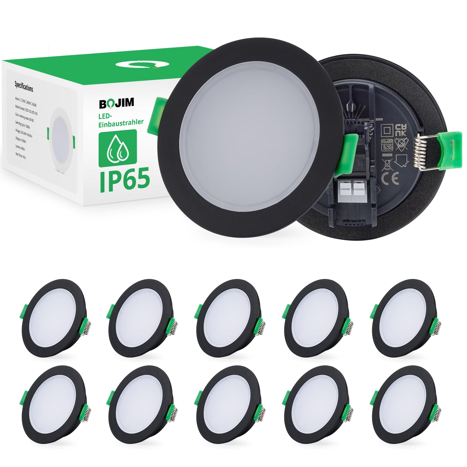 BOJIM LED Einbaustrahler 230V Flach Schwarz, IP65 Hochwasserschutz Spots für Badezimmer, Feuchtraum Küche, Warmweiß 2700K, 68-80mm Lochmaß, 5W Einbauspots Deckenspots, 10er Set