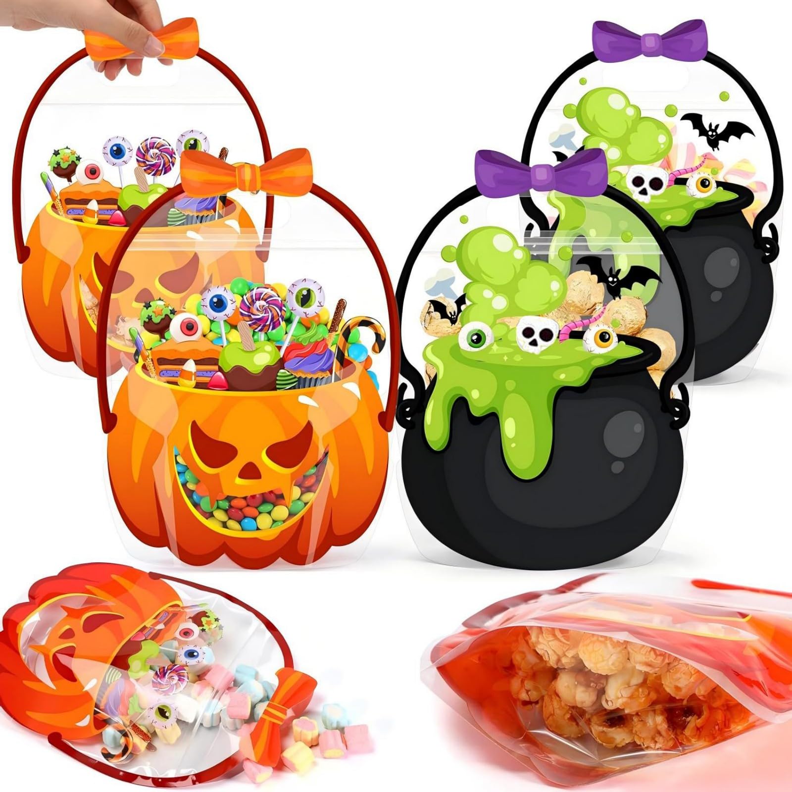 10 Pack Halloween Sweet Bags with Handles, 5 Cauldron and 5 Pumpkin Resealable Clear-Window Pouches, 17.5 x 21 cm Halloween Party Bags for Gifts, Bags Only