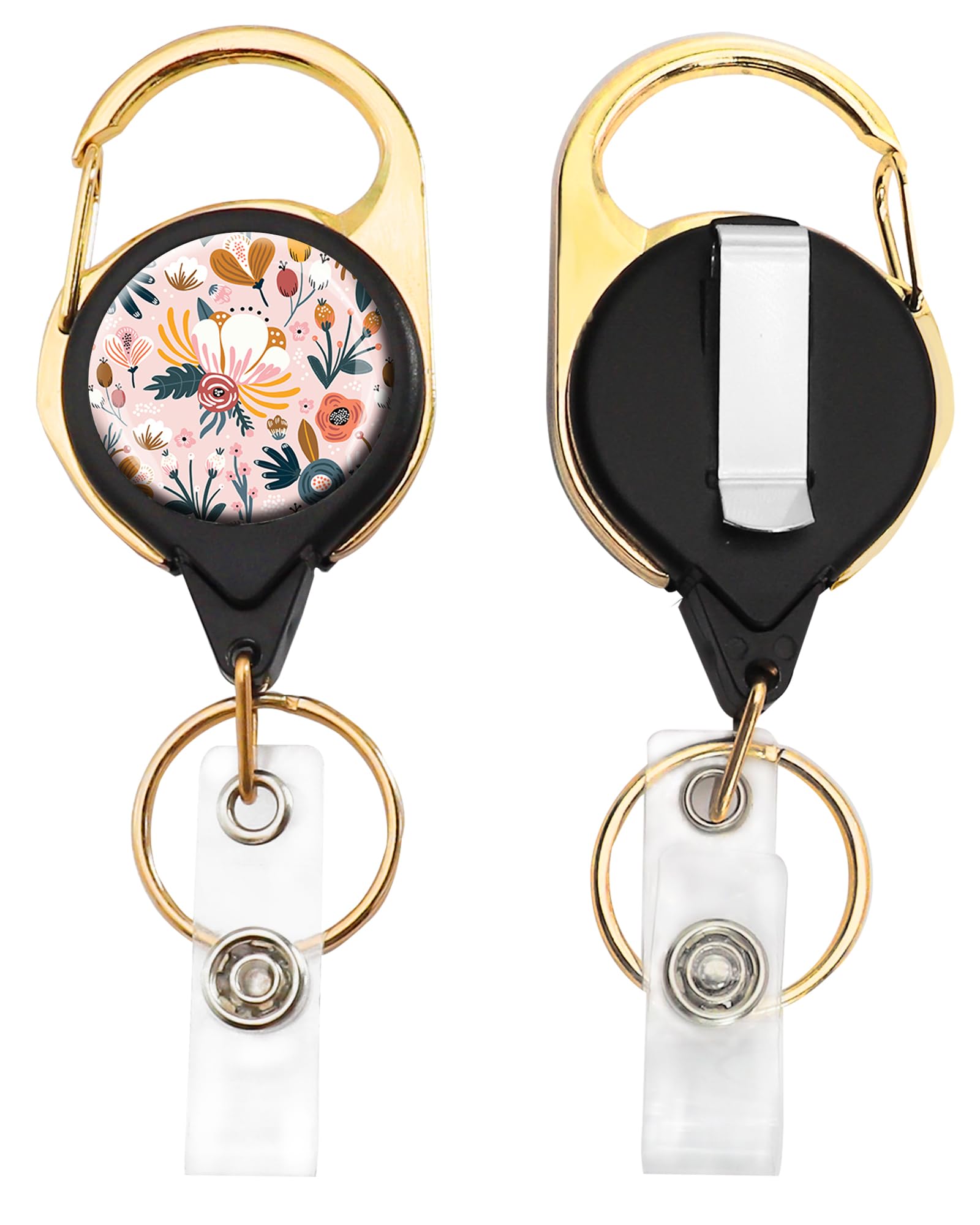 BLOCIT ID Badge Reel Holder, Golden Retractable Badge Holders Heavy Duty with Clip for Student Teacher Nurses Doctor Office （Flowers Berries and