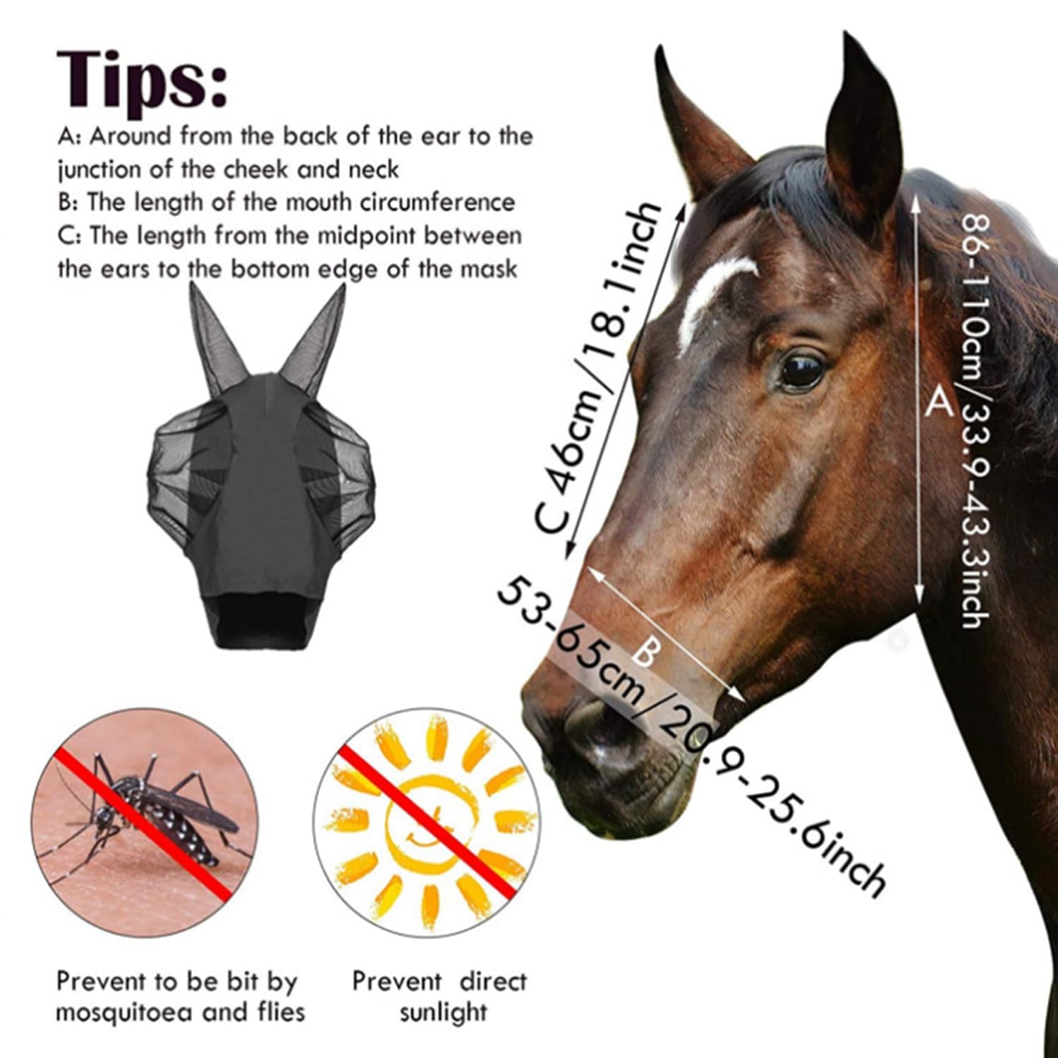 Fliegenmaske Für Pferde Mit Ohrenschutz - Elastische UV-Schutz Maske