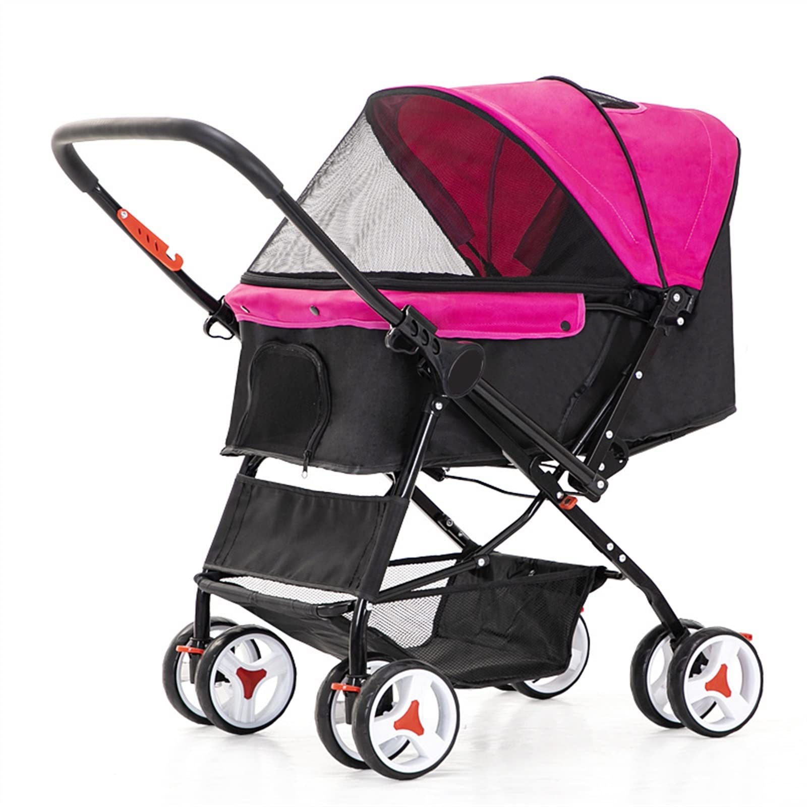 Cochecito plegable para perros, jaula de viaje, 4 ruedas para perros pequeños y medianos y gatos, fácil de caminar, carrito de viaje, carrito de mascotas (color: rosa, tamaño: 99 x 65 x 53 cm)