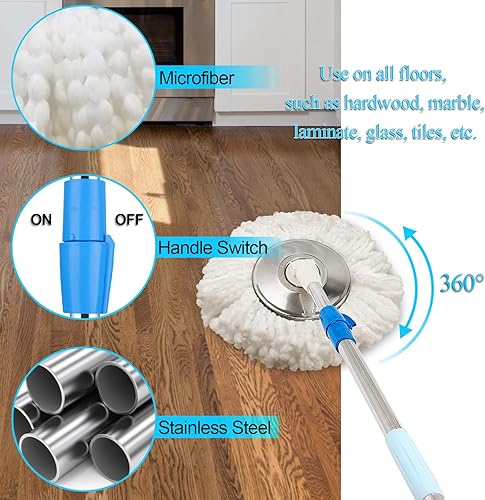 Miniatura 4 de Juego de trapeador giratorio y cubo, trapeador y cubo con escurridor, kit de mopa giratoria de 360 con 2 cabezales de repuesto de mopa de microfibra