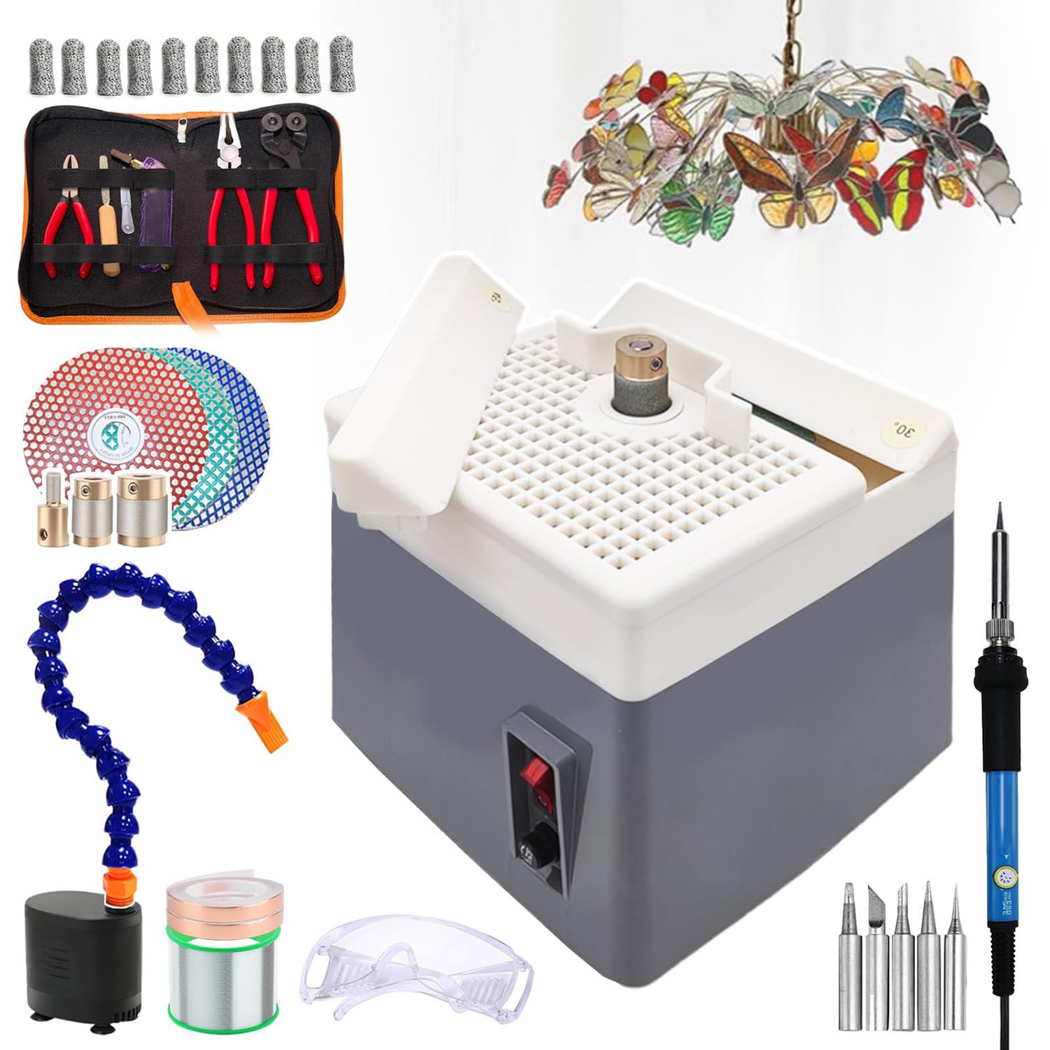 Kit de vitrail débutant avec meuleuse de verre et fer à souder 20 pièces