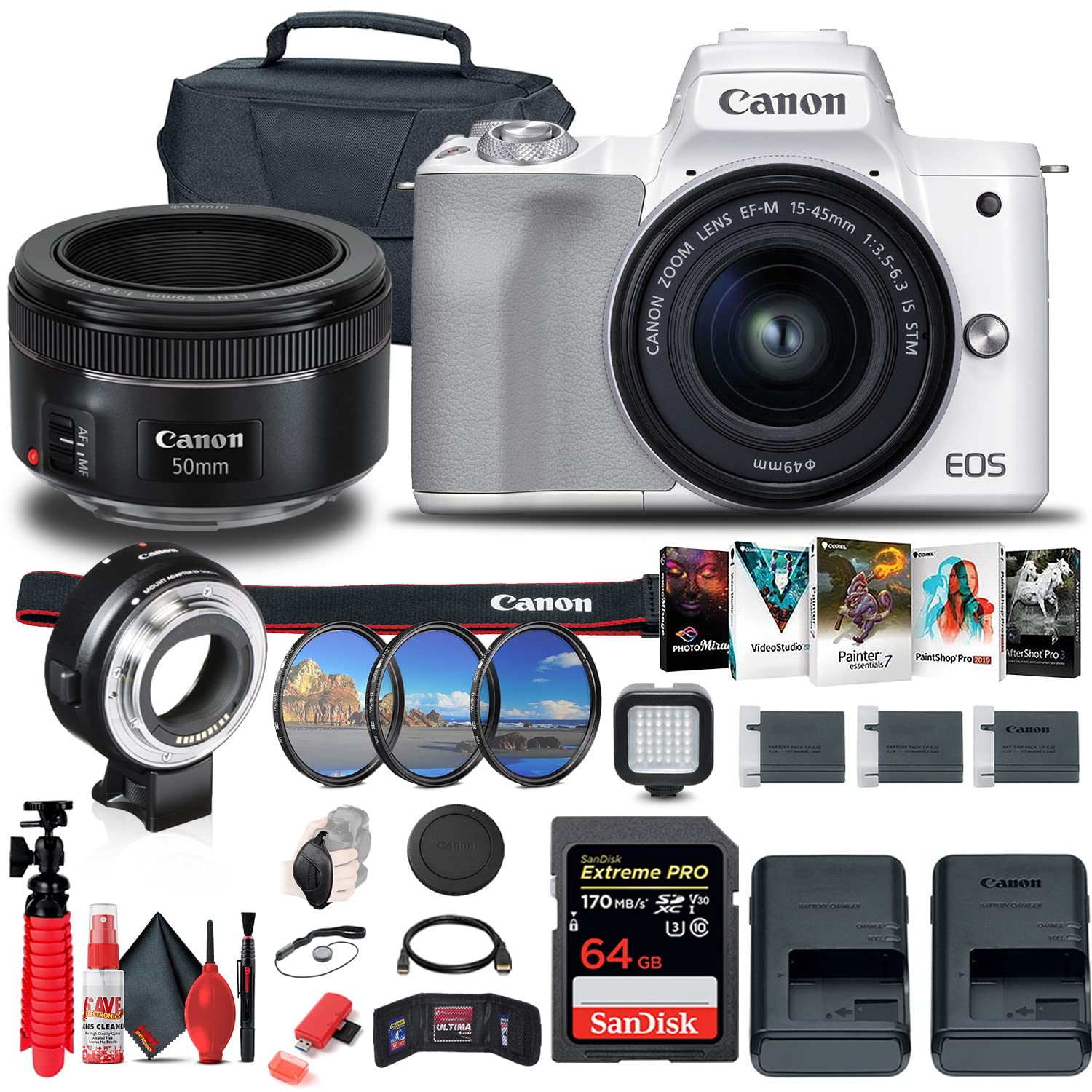 Canon EOS M50 Mirrorless Digital Camera with 15-45mm Lens (White) (2681C011) + Canon EF-M Lens Adapt