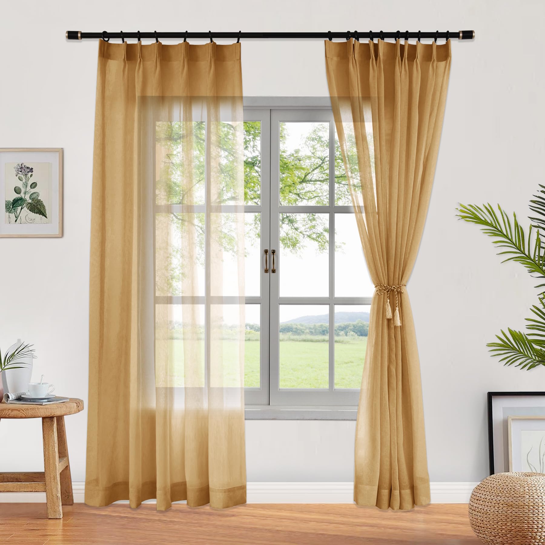 160 cm de lino sintético semitransparente a rayas | Cortinas filtrantes de luz para puertas, cocinas y patios | Diseño plisado Ele Pinch de 106.7 cm de ancho, roble Buff 1 panel