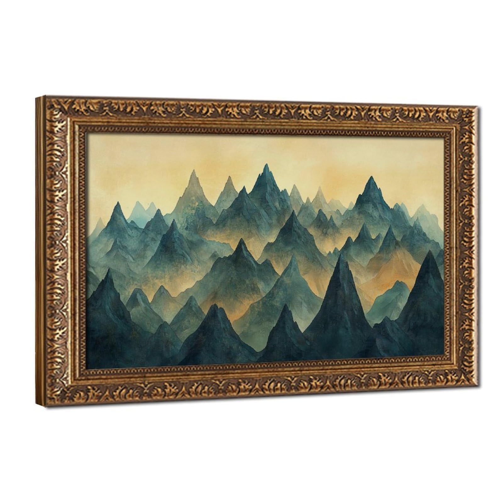 Pyberon Retro Gold Frame-Style Pine Forest, Misty Mountains Canvas Poster For Dorm Room Decor Gift