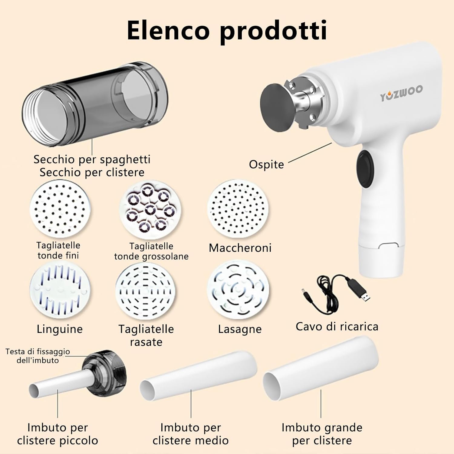 YOZWOO Pasta Maker Machine Pasta Extruder Pasta Gun Electric Noodle Maker Portable Handheld Noodle Maker Pasta Attachment Noodle Press for Homemade Pasta and Sausage(White)