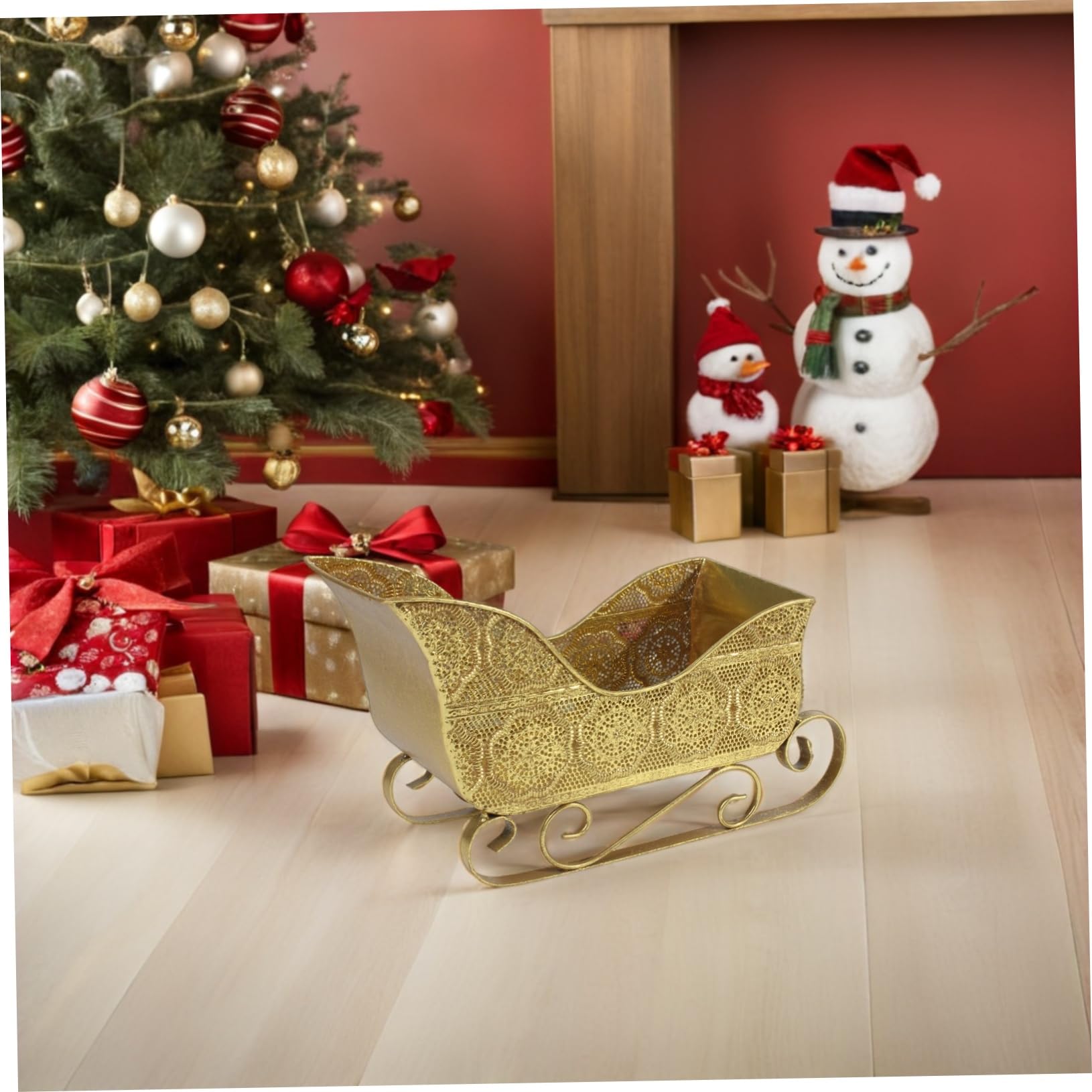Weihnachtliche Metall Schlittendekoration in Gold Kleiner Stabiler Tischschlitten als Snackhalter für Regal und Festliche Winter Dekoration