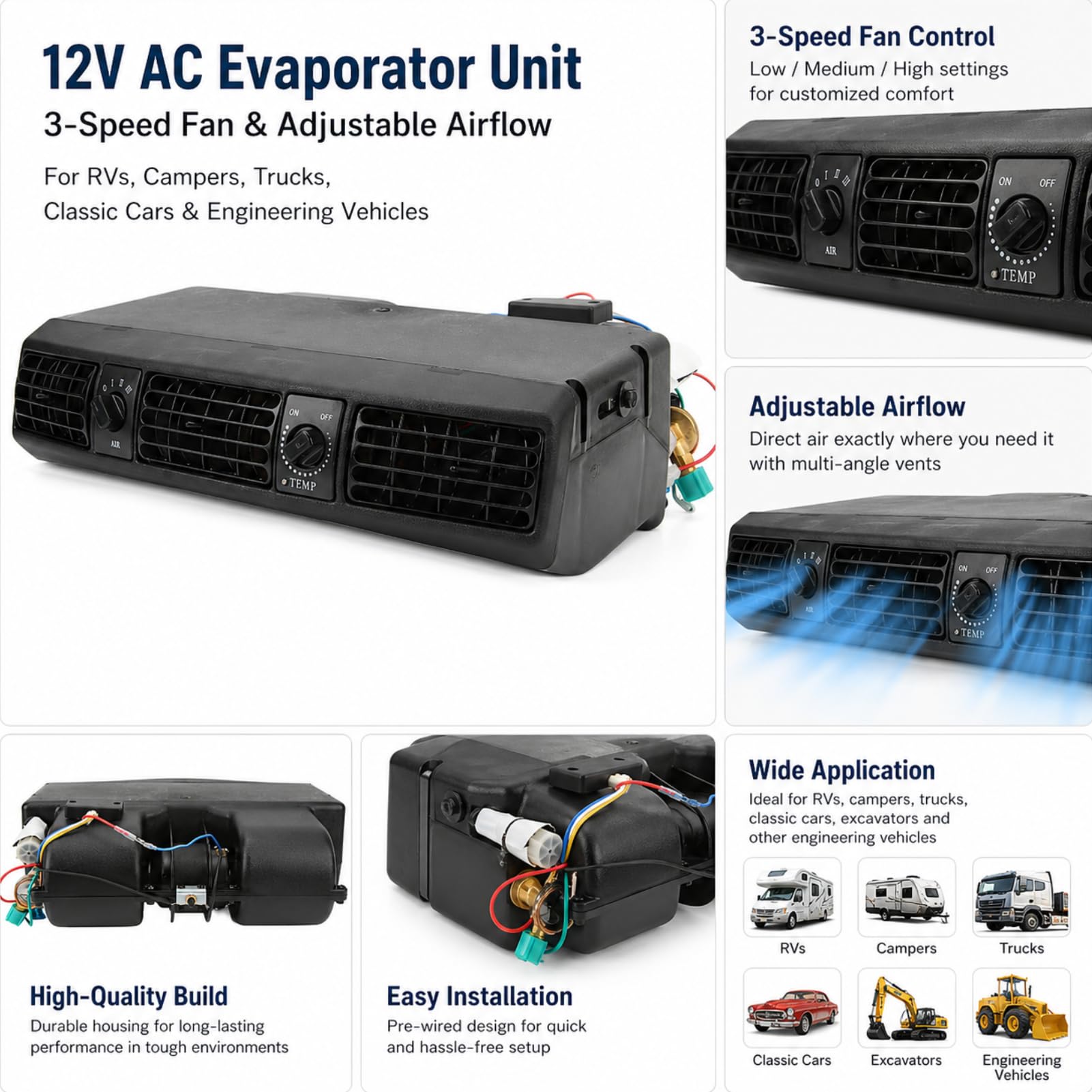 Evaporatore Universale 360CFM 12V per Condizionatore d'Aria Sotto il Cruscotto per Camper Furgoni