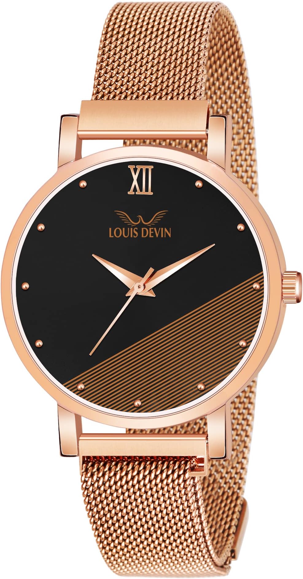 Black Dial and Rose Gold Plated Band Mesh Chain Analog Wrist Stainless Steel Watch for Women -RG142-BLK
