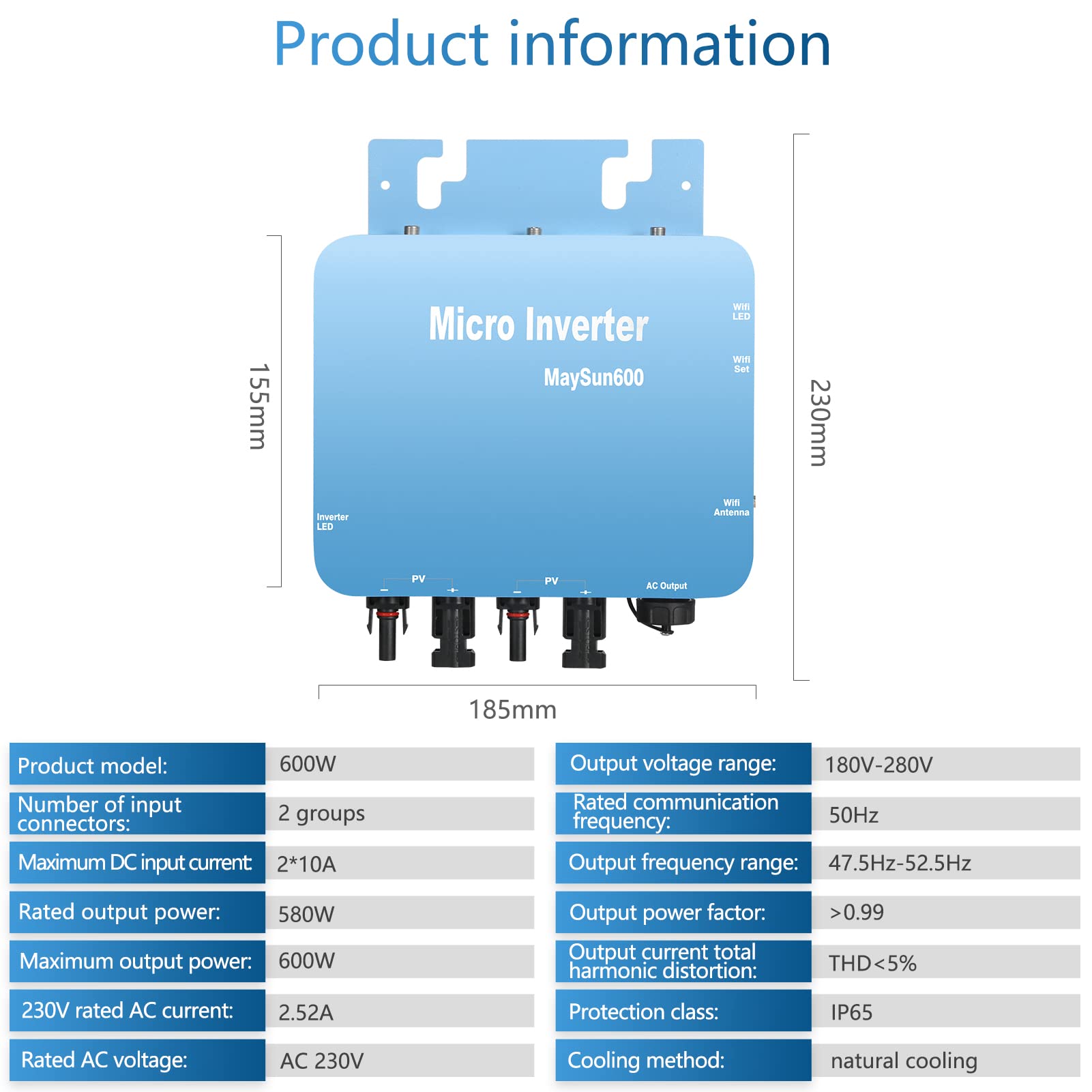 DEWIN Onduleur Solaire, MPPT Micro Onduleur Connecté Grid Tie Inverter 600W Pure Sine Wave Sortie avec système de Surveillance de téléphone Portable WiFi 230V