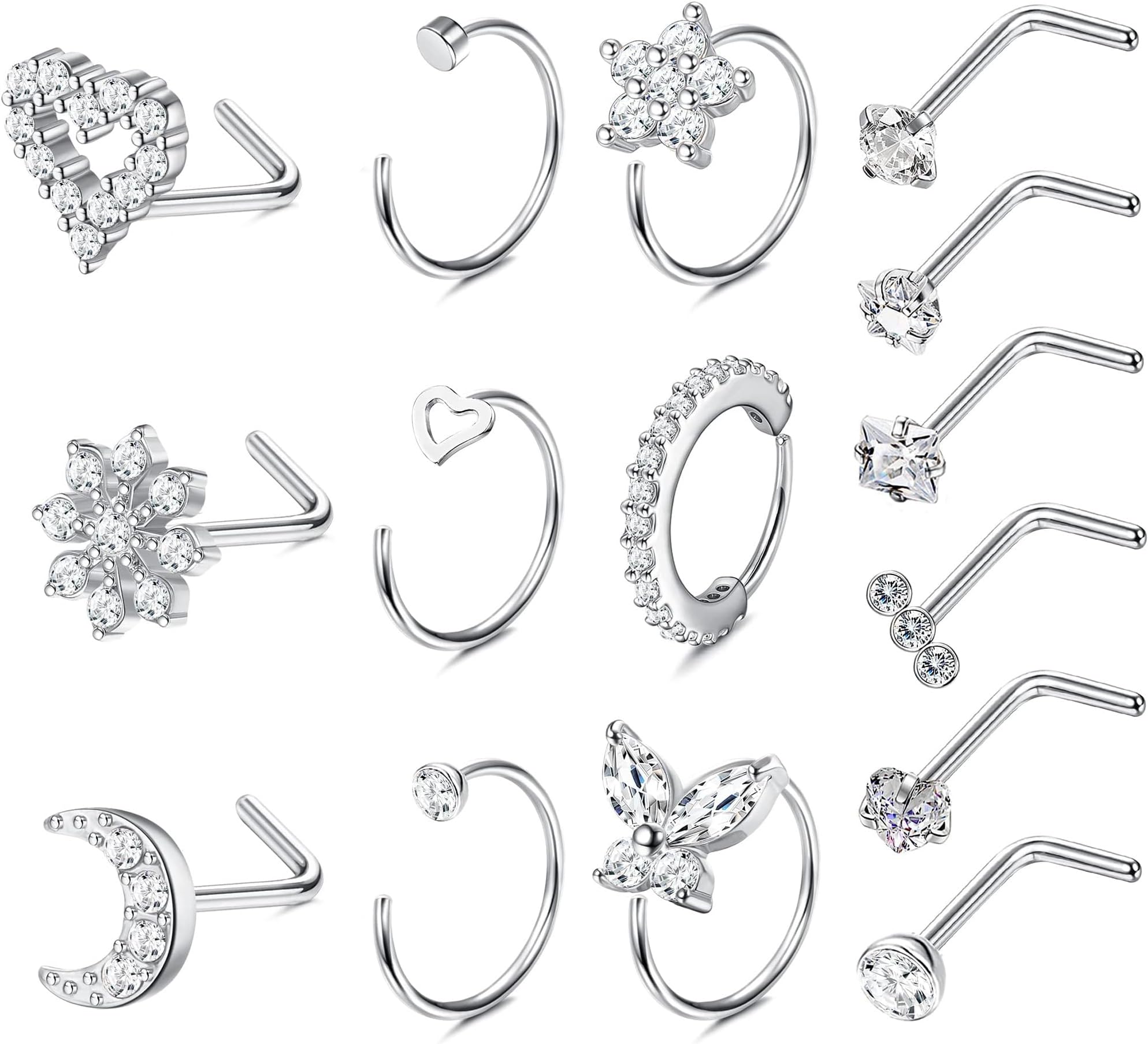 Kakonia15pcs Nose Rings for Women Nose Studs Surgical Steel 20G Nose Studs Jewelry Set for L Shaped Nose Piercing