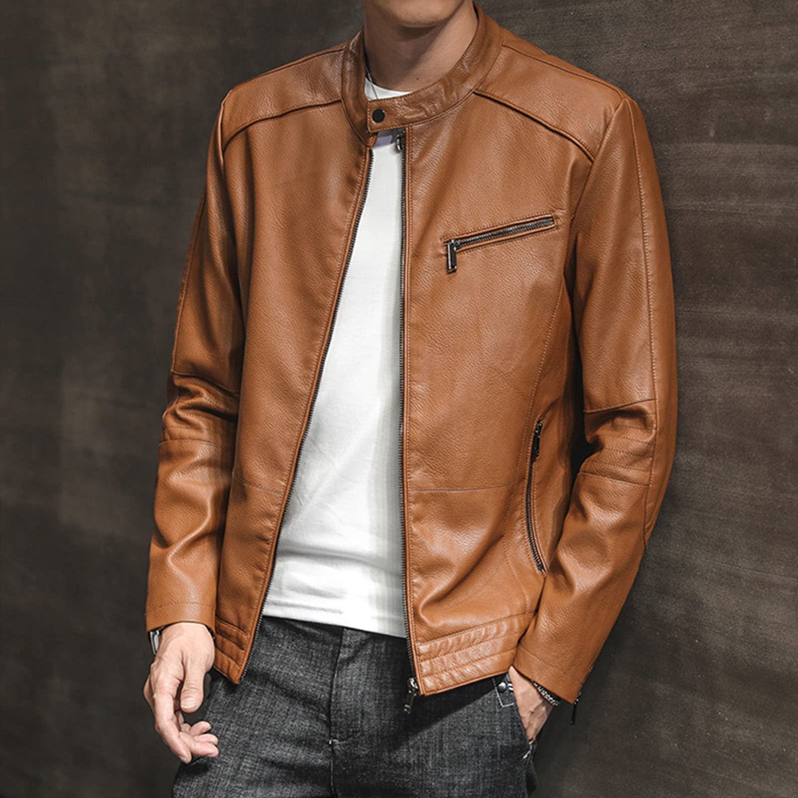 Maiyifu-GJ Mens Retro Faux Pu Leather Jacket Vintage Motorcycle Stand Collar Long Coats Outdoor Biker Overcoat Windbreaker (Armygreen,X-Large)