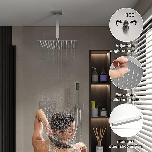 Miniatura 2 de BWE Cabezal de ducha de lluvia de 12 pulgadas con sistema de ducha de mano de níquel cepillado montado en el techo, grifo de ducha de baño,