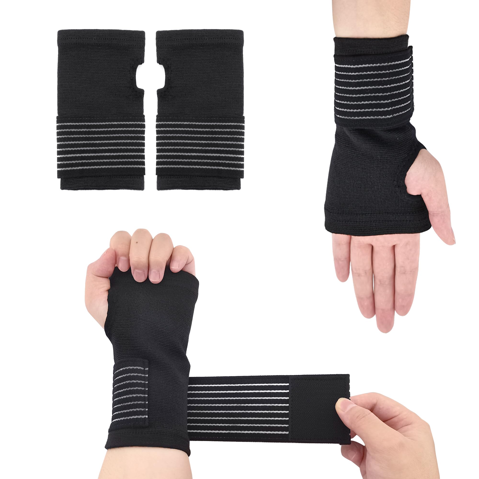 Qiuyan 2 Pack Wrist Braces Elastic Wrist Support with Strap Adjustable Carpal Tunnel Wrist Compression Support Relieves Wrist Pain Injury Tendonitis for Men and Women, Right and Left (Black)