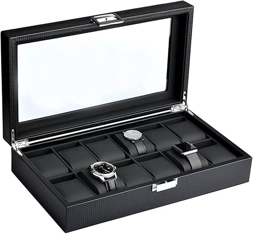 Mantello Caja de reloj 12 ranuras para hombres Caja de reloj con tapa de cristal grande Organizador de caja de reloj para hombre (negro)