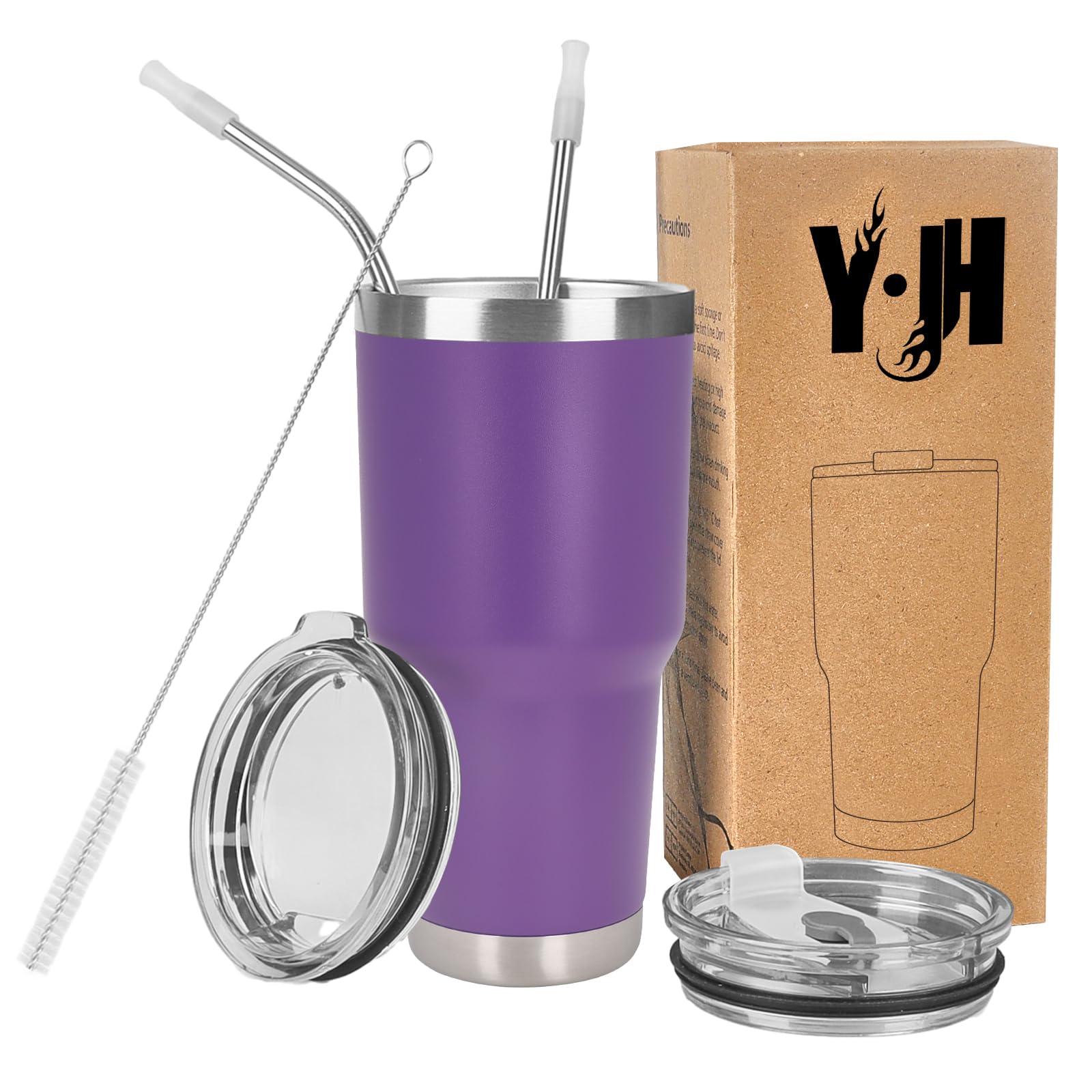 Y·J&H Doppelwandig Vakuum Isolierter Autobecher, Edelstahl Reiseflasche, Thermobecher Kaffee to Go mit 2 Spritzfestem Deckel 2 Strohhalm, Rohrbürste,BPA Free