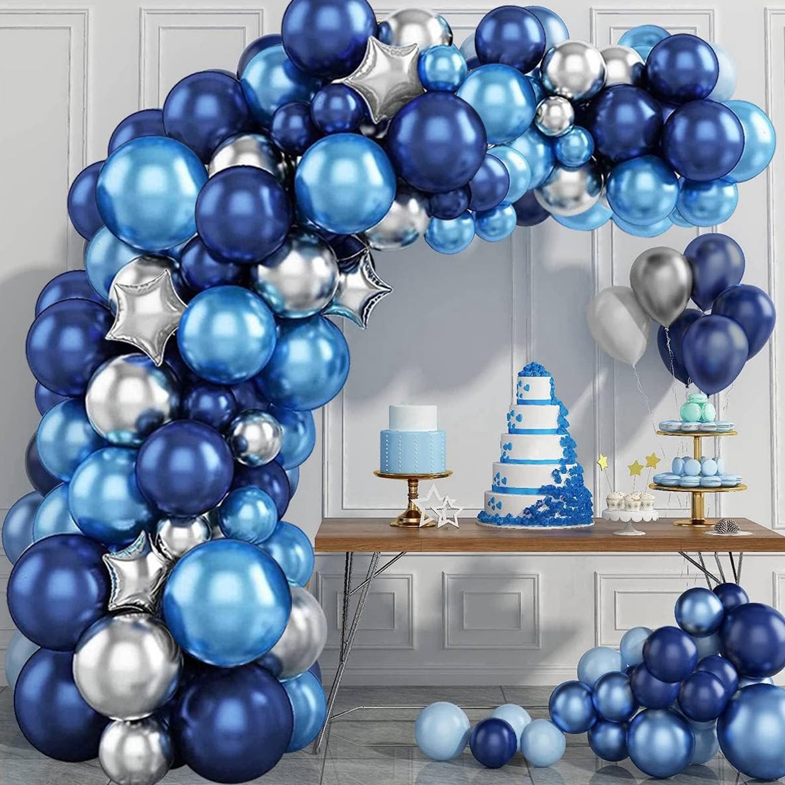 Kit per arco di palloncini blu navy, 141 pezzi, ghirlanda di palloncini blu e bianco argento con palloncini bianchi e argento, palloncini blu navy per uomini, feste di compleanno, battesimo