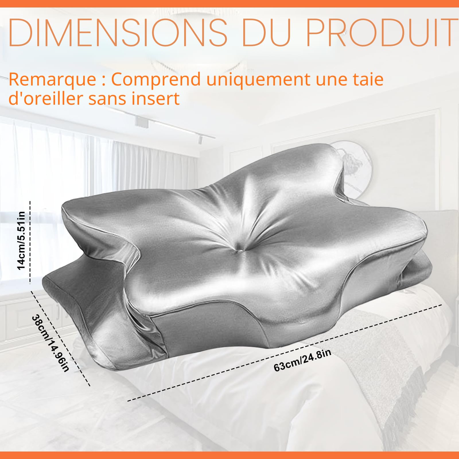Taie d'oreiller Cervicale, Oreiller Cervical Ergonomique, Taie d'oreiller en Satin, Taie Oreiller Orthopédique Cervicales en Soie pour Position Couchée et Latérale | Housse de coussin en satin pour coussin de soutien cervical JK79, argenté (seulement pour