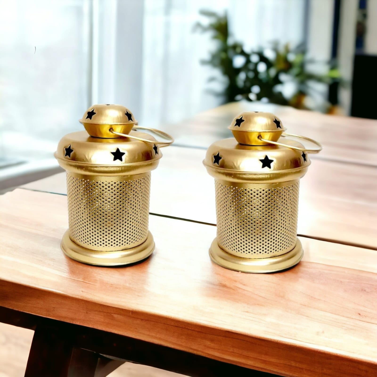 BWO Beautiful Home Decorative Hanging Lantern/Lamp with t-Light Candle, Set of 2 (Size 10X10X16 cm) (Gold & Black)