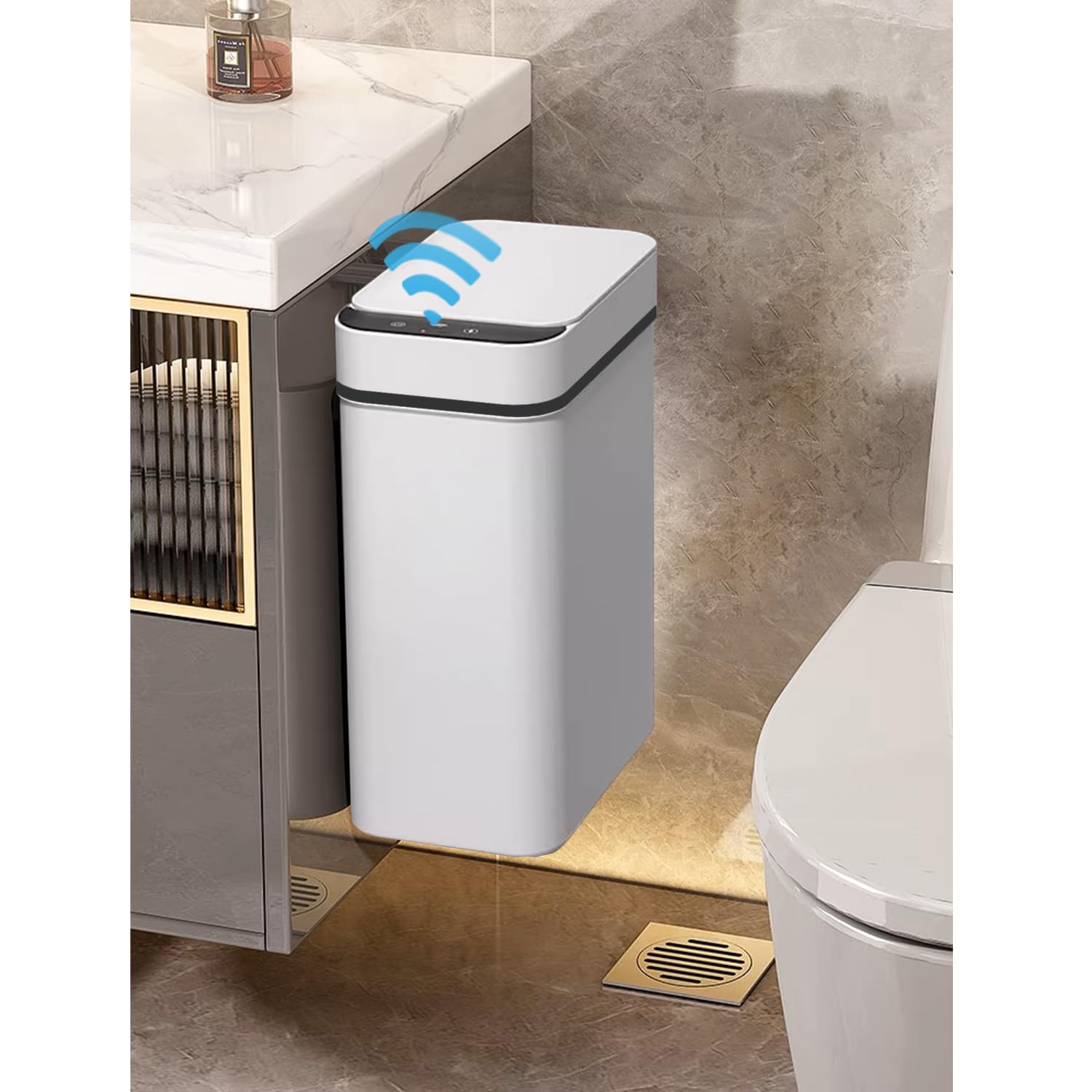 Yatmung10 Liters Hanging Bathroom Automatic Trash Can with Lid - 2.5 Gallons Smart Trash Can Motion Sensor - Electric, Narrow, Plastic - Slim Toilet Trash Bin - Small Skinny Garbage Can (White)