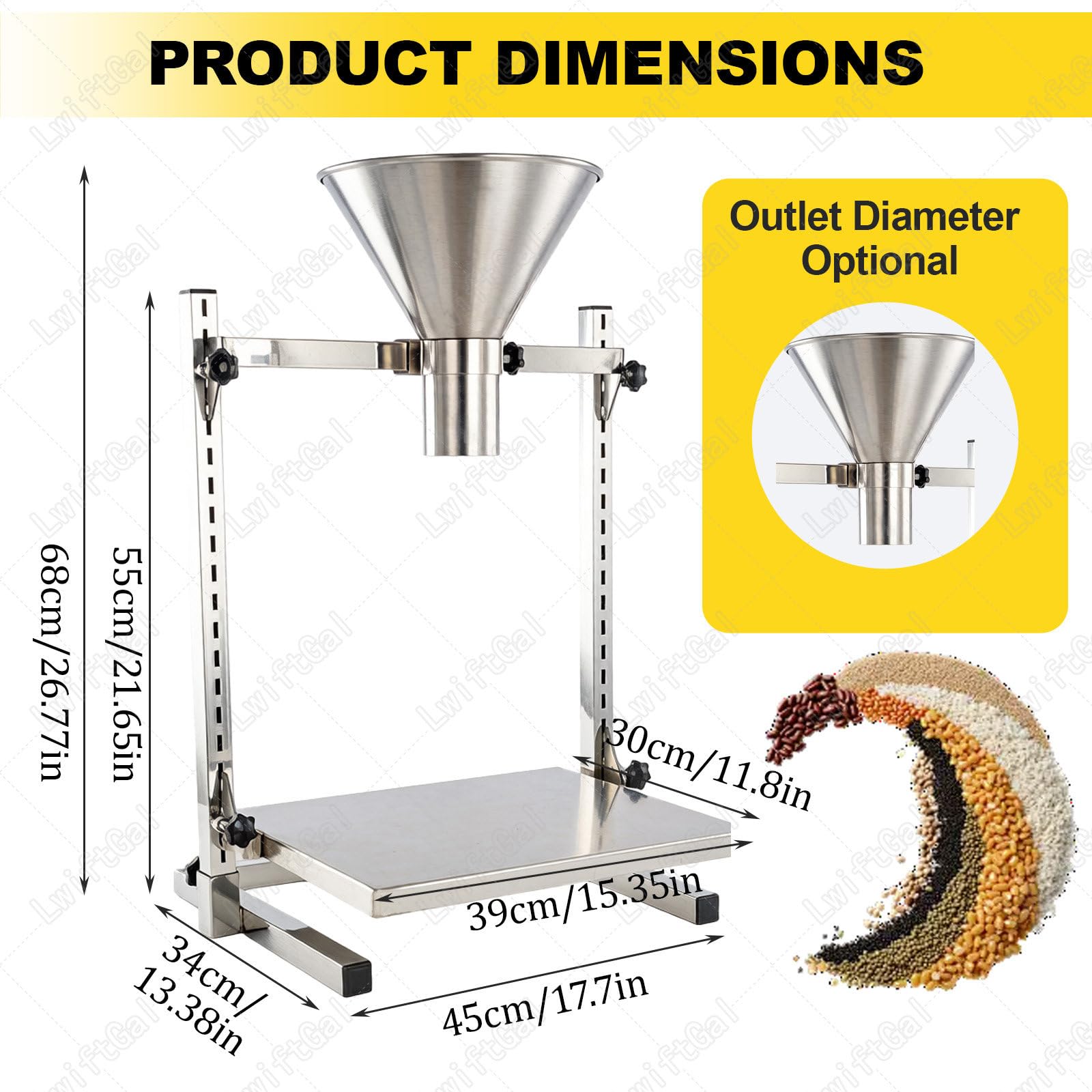Embudo De Llenado Manual, Tolva De Alimentación De Acero Inoxidable 304 con Soporte, Bandeja Elevable Ajustable, Diseño De Boca Ancha, Tamaño del Puerto De Descarga Opcional 8cm