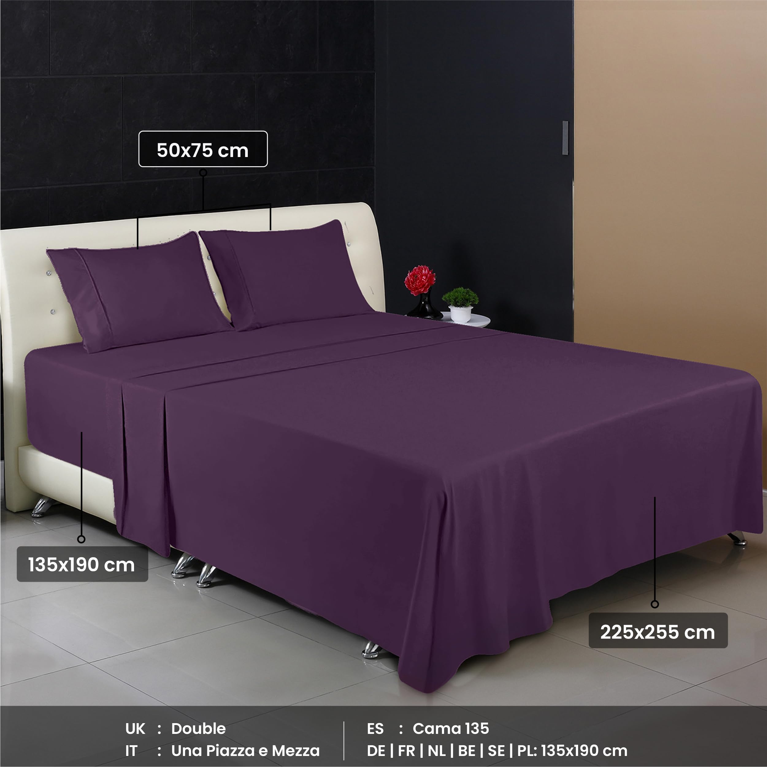 Utopia Bedding - Set Lenzuola Una Piazza e Mezza 4 Pezzi 135x190 cm - Set Lenzuola Letto, Spazzolata Poliestre di Microfibra - Lenzuolo con Angoli, Lenzuolo Piatto e 2 Federe 50x75, Porpora