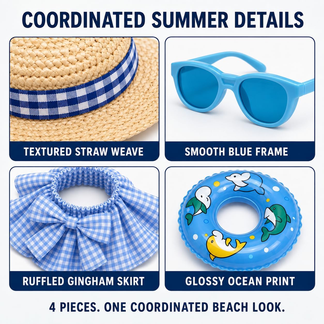 7 Inch Desk Goose Outfit, 4-Piece Summer Beach Costume with Straw Hat, Mini Sunglasses, Blue Gingham Skirt and Decorative Swim Ring, Mini Tabletop Goose Clothes Accessories, Outfit Only image 5