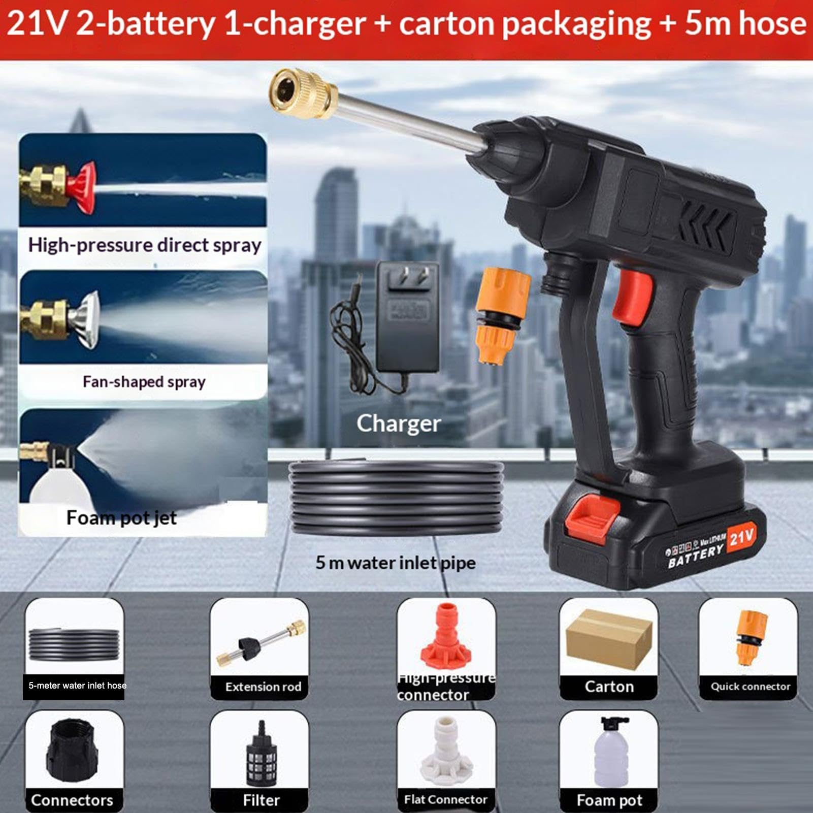 Hidrolimpiadora Portátil - Lavadóra Coches Inalámbrica Alta Presión 21V | Pistola Agua Pulverización Ajustable 2 Baterías | Limpiador Eléctrico Ligero para Coche Camión Patio Jardín Pared Ventana
