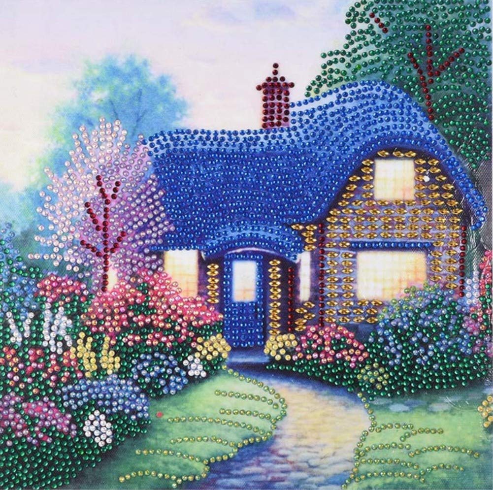 Diamond Painting DIY 5D Special Shape Rhinestones, ABEUTY Blue Cabin Hut and Garden, Partial Drill Crystal Diamond Art Kits