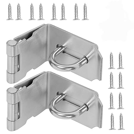 2 PCS 4 Inch 90 Degree Padlock Hasp, KINJOEK Stainless Steel Security Door Clasp Hasp Lock Latch, 2mm Extra Thick Door Gate Bolt Lock with 16 Mounting Screws
