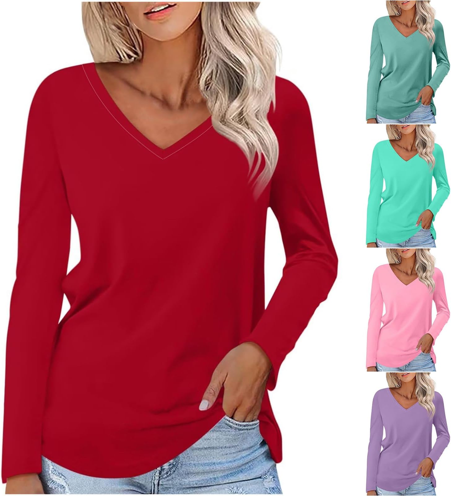 Plus Size Tops for Women Basic Fitted Shirts Cute V Neck Pullover Basic Solid Color Shirts Women Loose Fit Base Layer Long Sleeve Tops Casual Sport Active Wear for UK