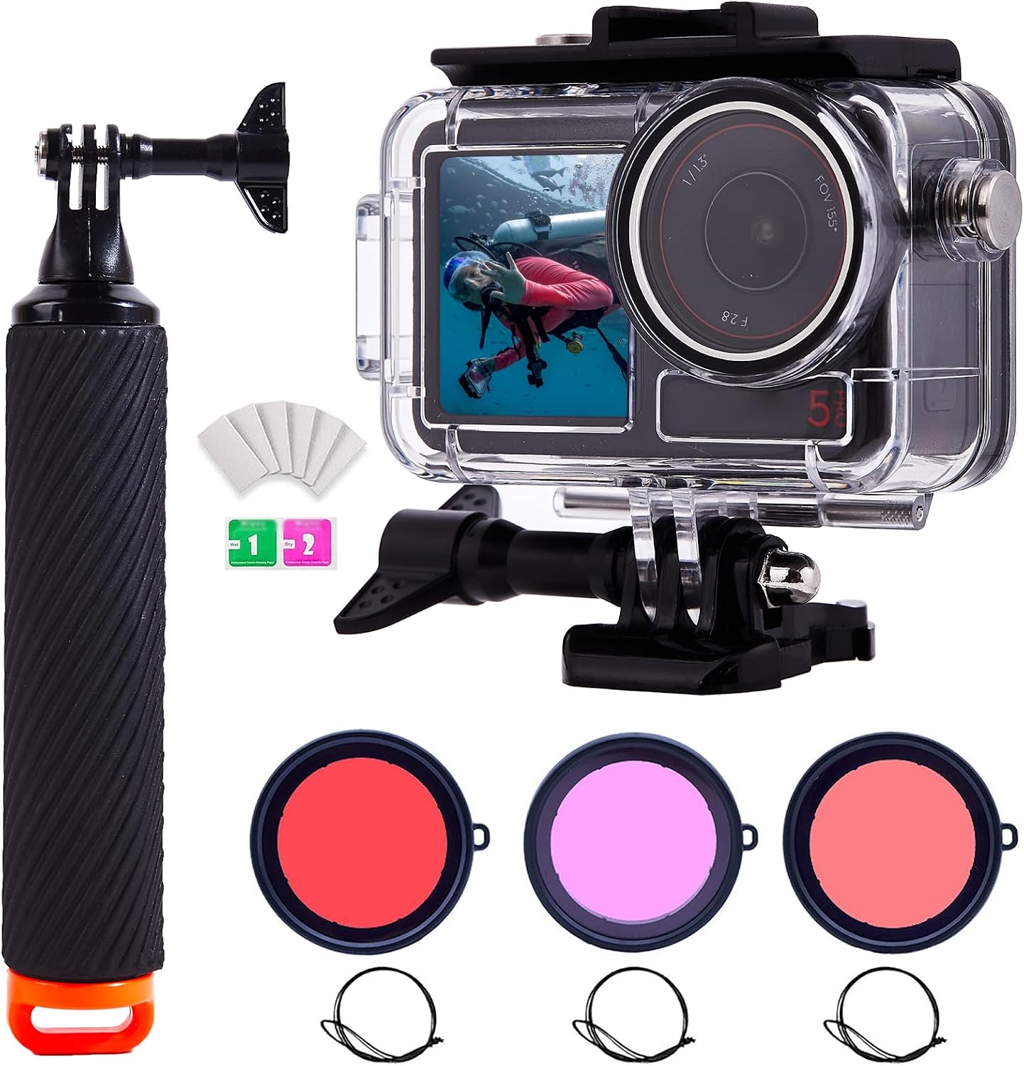 Waterproof Camera Case Housing for DJI Osmo Action 5 Pro/4/3, 196FT/60M Underwater Diving Protective Shell with Floating Handle & 3 Pack Dive Filters Adventure Combo Accessories Kit
