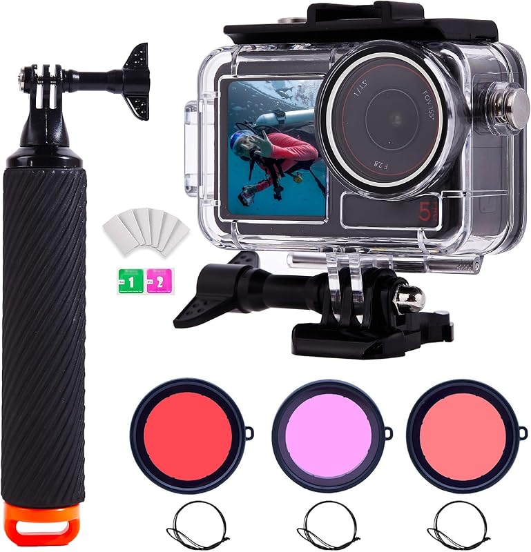 Waterproof Camera Case Housing for DJI Osmo Action 5 Pro/4/3, 196FT/60M Underwater Diving Protective Shell with Floating Handle & 3 Pack Dive Filters Adventure Combo Accessories Kit