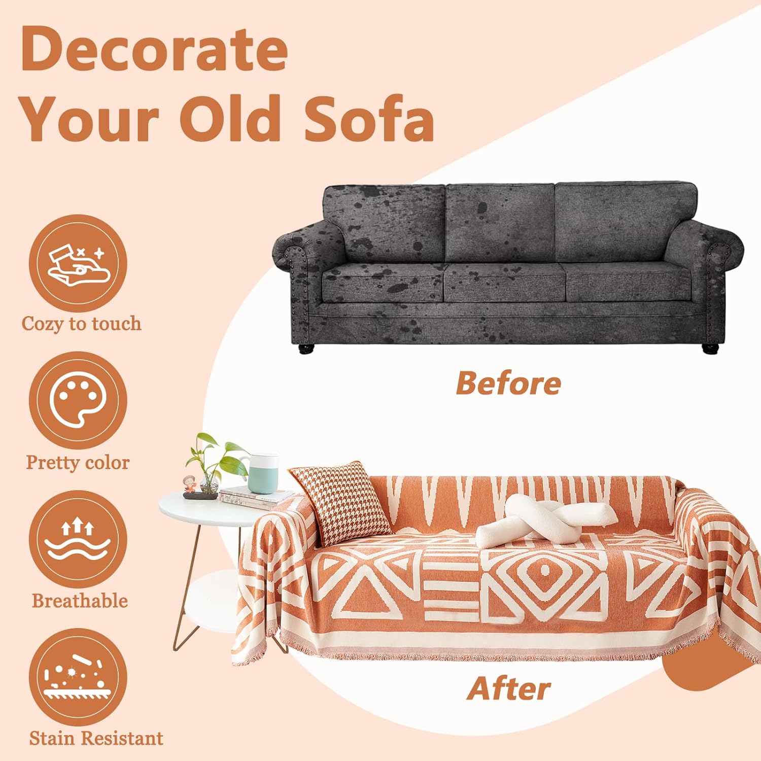 DREAMINGO Orange Beige Couch Cover 91x118 Inch Boho Chenille Loveseat Cover Geometric Jacquard 2 Seater Sofa Slipcover Modern Bohemian Furniture Protector for Living Room Sectional Couch