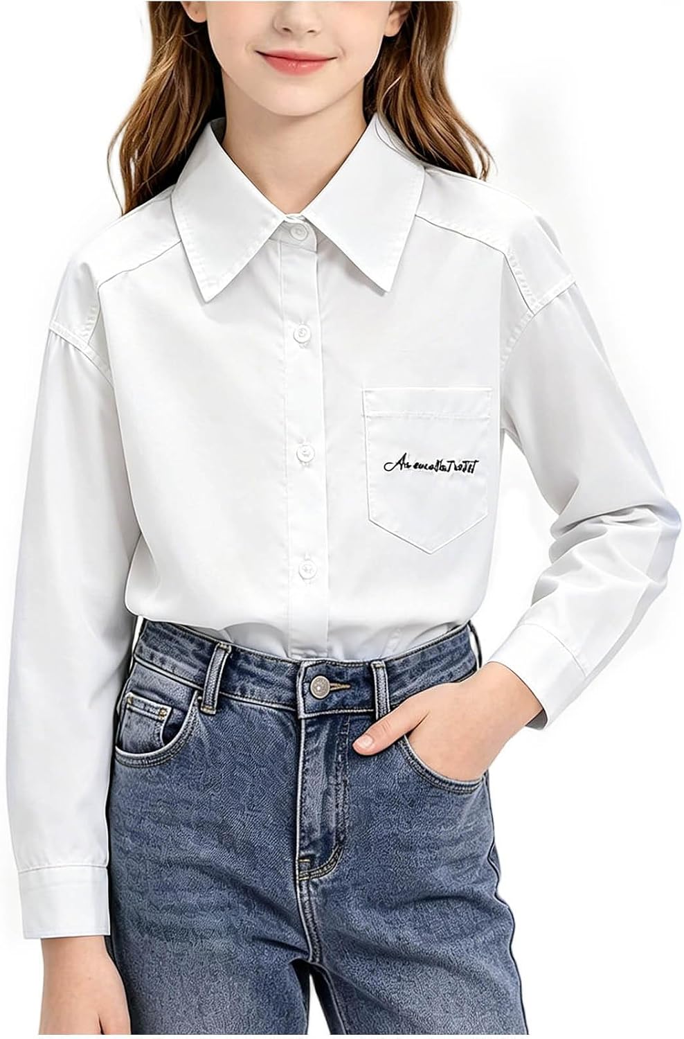 Girls Button Down Shirt Chest Pocket Long Sleeve for School | Smooth Woven Fabric With Point Collar Chest Pocket And Button Front For Classroom Uniform Events And Daily Outfits