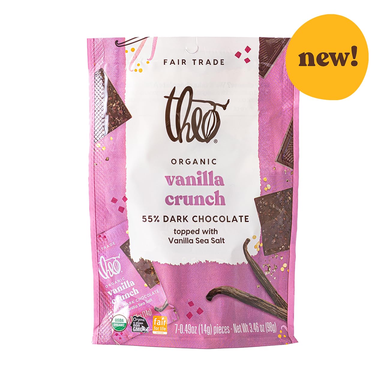 Theo Organic 55% Dark Chocolate Squares, Vanilla Crunch w/Vanilla Sea Salt, 6 Pouches (7 Individually Wrapped Singles per Pouch), 42 Pieces, Vegan, Fair Trade