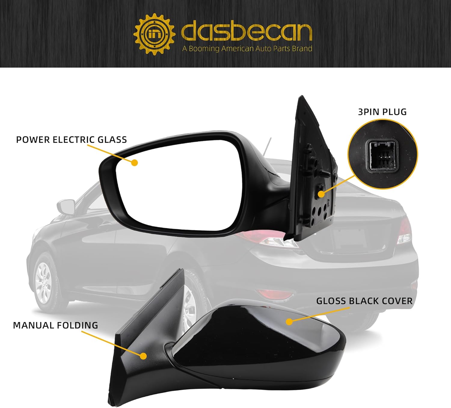 Dasbecan Driver Side Mirror Compatible with 2012-2017 Hyundai Accent Left Mirror with Power Glass, Manual Folding, Black Cap Replace# HY1320180 87610-1R210 (3pins)