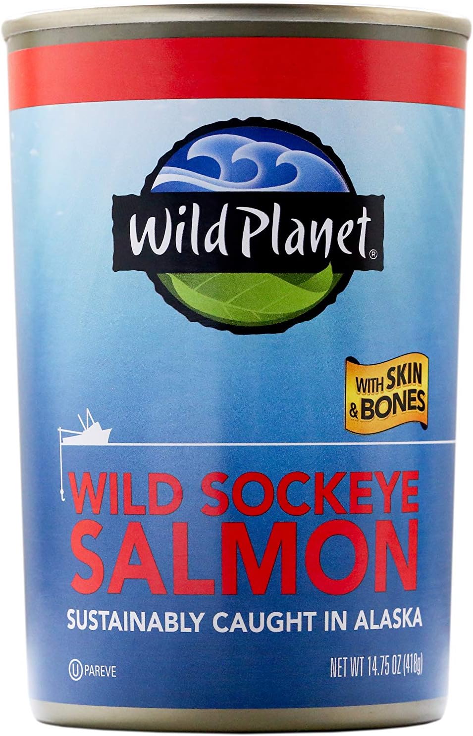Wild Planet Wild Sockeye Salmon With Skin and Bones, Tinned Fish, Canned Salmon, Sustainably Wild-Caught, Non-GMO, Kosher, Gluten Free, Keto and Paleo, 14.75 Ounce Single Unit/Can
